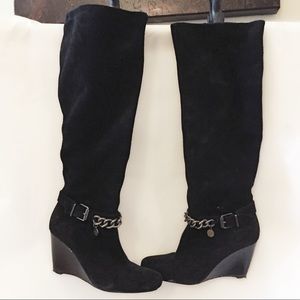 BCBG Black Suede and Leather Wedge Boots, 6.5M